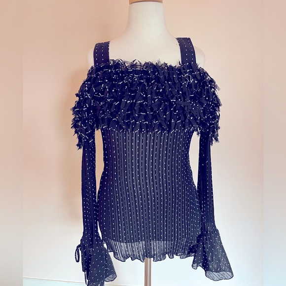 Polka Dot Fringe Long Sleeve Halter Top with all the pizzazz at the bust - Picture 5 of 5